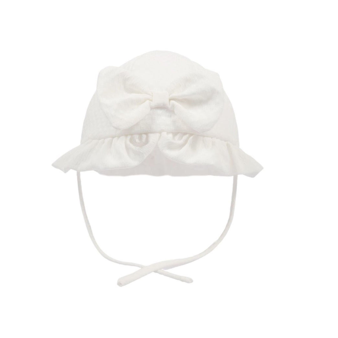 Girls bow sun hat with tie white (0-2 years)