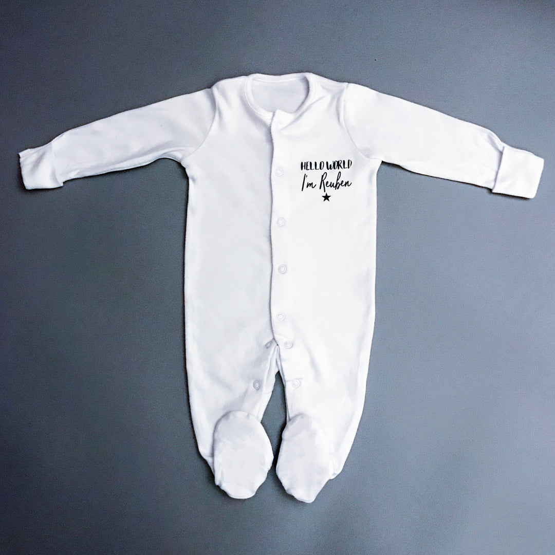 Personalised hello world white babygrow – Tilly Reuben