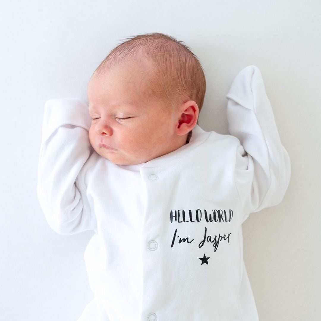 Personalised hello world white babygrow